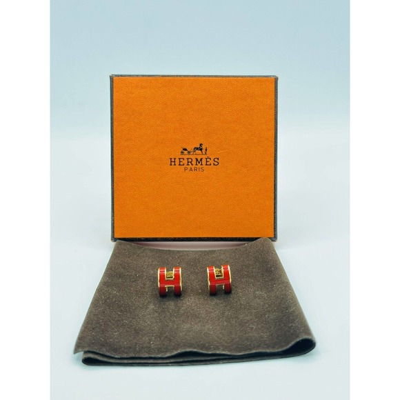 Authentic HERMES H Pop Red H Logo Yellow Gold Earrings - Picture 1 of 5